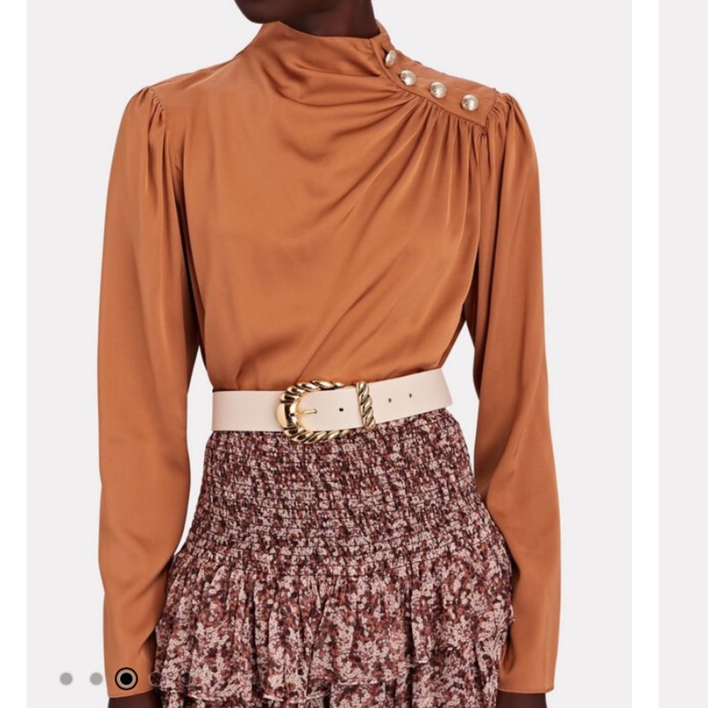 Intermix Monica Turtleneck Draped Silk Blouse Goldtone Buttons Brown NWT
